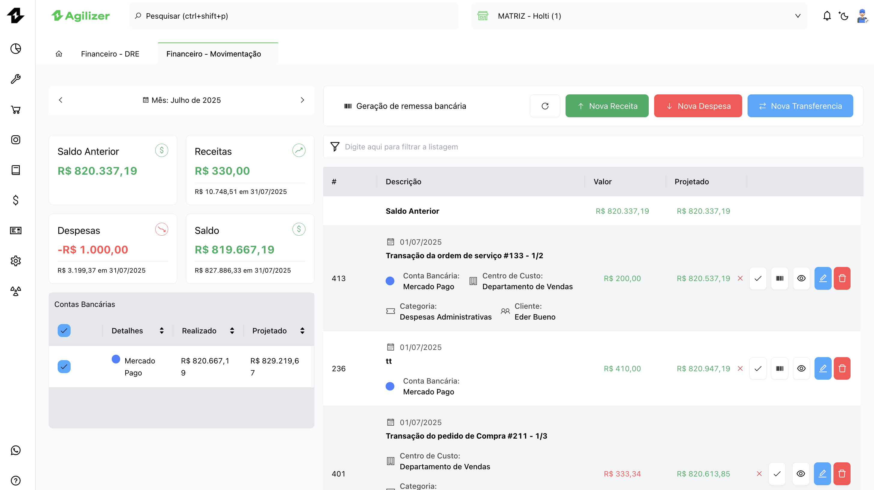 Mockup de Gestão financeira